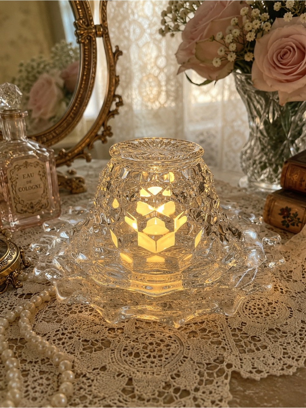 Vintage Fostoria Clear Glass Condiment Set Fairy Lamp | Bowl & Underplate